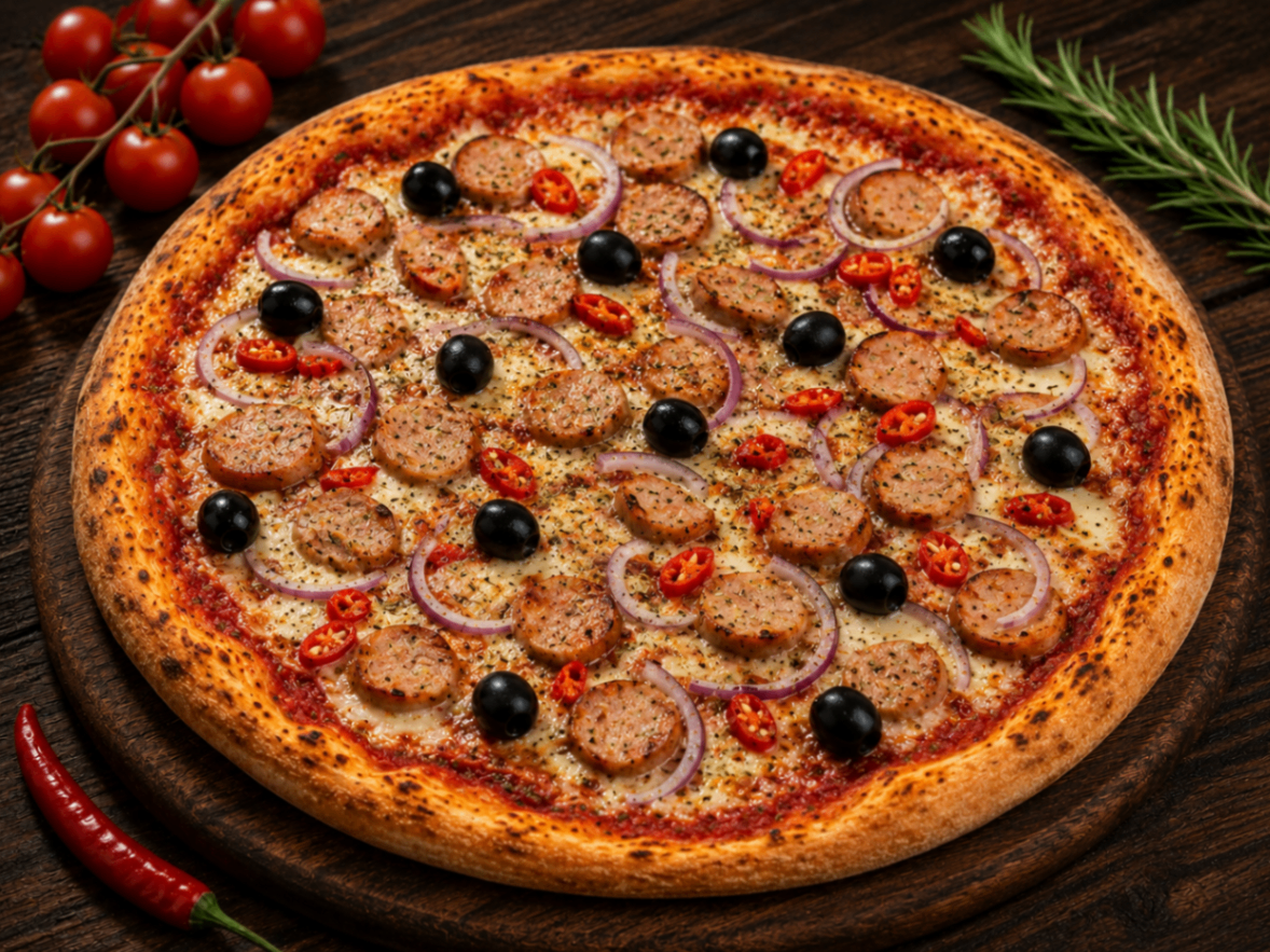 Créole — Tomate, fromage, saucisse poulet, gros piment, oignon, origan, olives